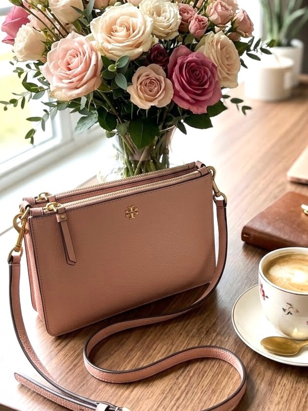 Tory Burch Blake Double Zip Slim Pebbled Leather Crossbody Bag 3 Compartments